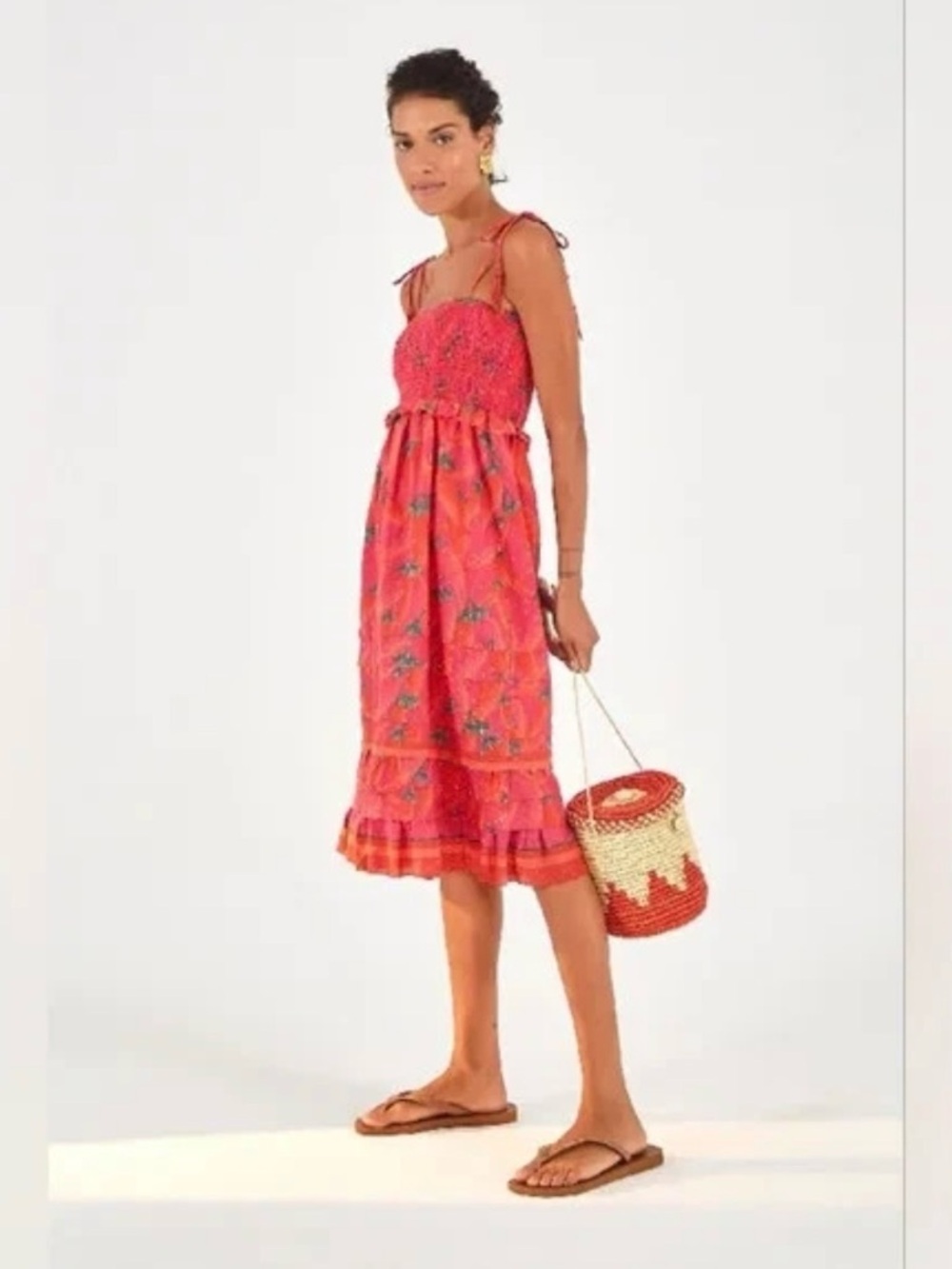 FARM Rio Dress Red Chili Pepper Midi Smocked Bodice Flounce Hem Tie Top Size XS